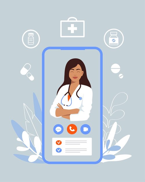 Vector consulta en línea. tecnología de consulta médica en línea en smartphone.