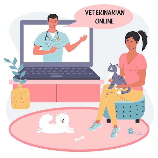 Consulta en línea usando una computadora portátil con un veterinario paciente femenina con un gato y un perro spitz