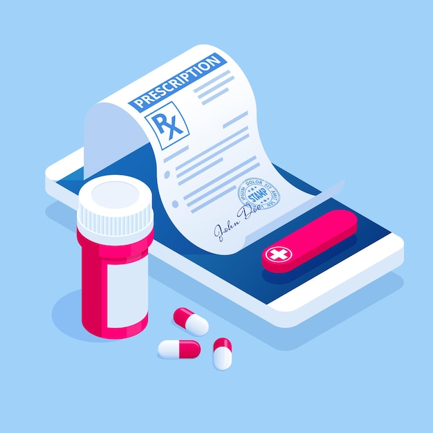 Consulta médica en línea isométrica concepto médico de atención médica Receta de tratamiento en línea