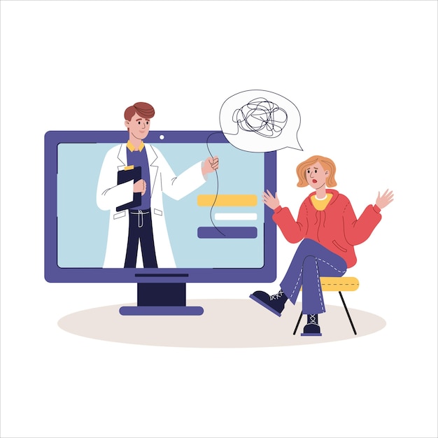 Consulta médica en línea Médico y paciente en la pantalla de la computadora Ilustración vectorial plana