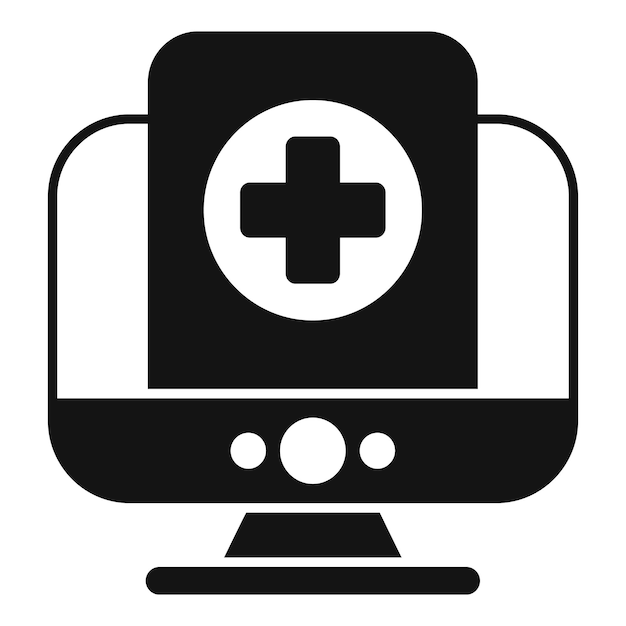 Consulta médica en línea que muestra el símbolo de la cruz en la pantalla del monitor