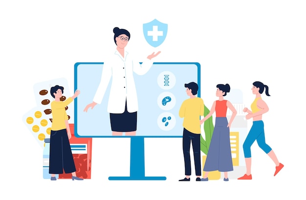 Consulta médica en línea telemedicina Personas y médico en la pantalla del monitor de la computadora Pastillas tienda de farmacia en línea y pacientes escena vectorial de la medicina ilustración de consulta médica en línea