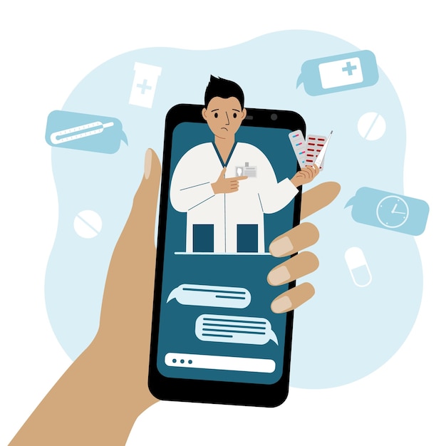 Consulta médica en línea a través de un teléfono inteligente Concepto de aplicación médica y sitios web