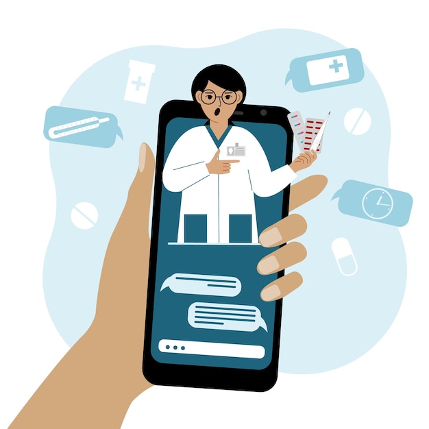 Consulta médica en línea a través de un teléfono inteligente Concepto de aplicación médica y sitios web