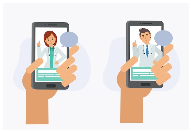 Consulta médica con el médico en línea, chat en vivo con el médico, servicio de salud por Internet. Ilustración de personaje de dibujos animados de vector plano.