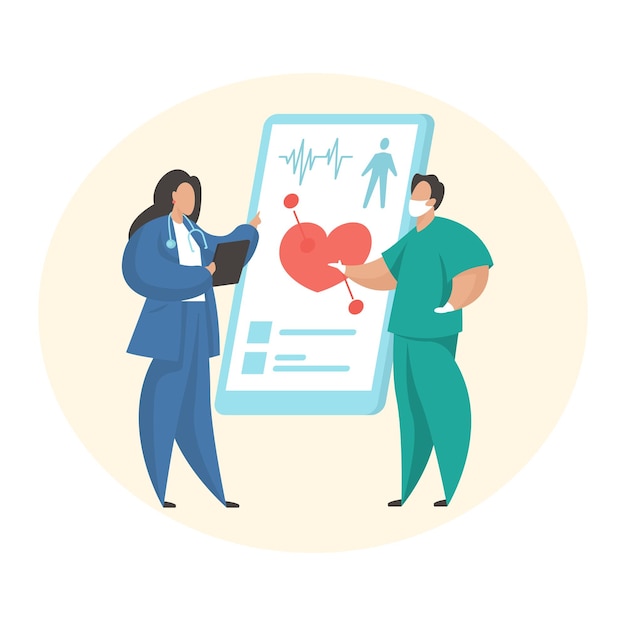 Consulta médica online. Telemedicina. Los médicos de personajes de dibujos animados masculinos y femeninos se comunican mediante la aplicación móvil. El terapeuta y el cardiólogo examinan al paciente en línea. Ilustración vectorial plana