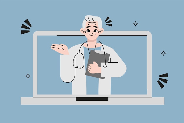 Consulta médica senior en línea desde una computadora portátil. Consulta online de un médico de familia. Medica remota
