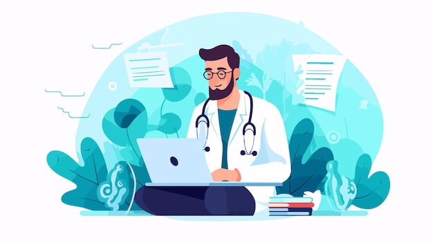Consulta virtual con el médico en línea de apoyo en la computadora portátil