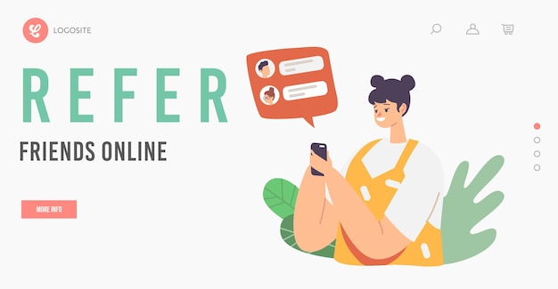 Consulte la plantilla de página de inicio en línea de amigos. Estrategia del programa de referencia, mercadeo en red, asociación de afiliados. Chica personaje chateando en Smartphone atrayendo amigos. Ilustración vectorial de dibujos animados