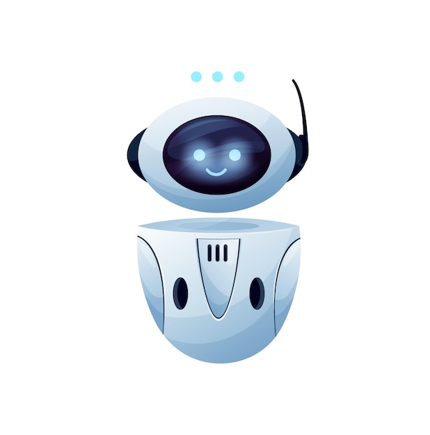 Consultor en línea chat bot, asistente de robot divertido con ojos brillantes y sonrisa, ayudante de chatbot aislado y signo de puntos de mensaje. Carácter de asistente de servicio de soporte al cliente de vector con antena