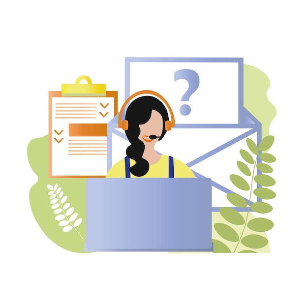 Consultora de chica de icono de ilustración vectorial en auriculares en la computadora responde preguntas y cartas de clientes