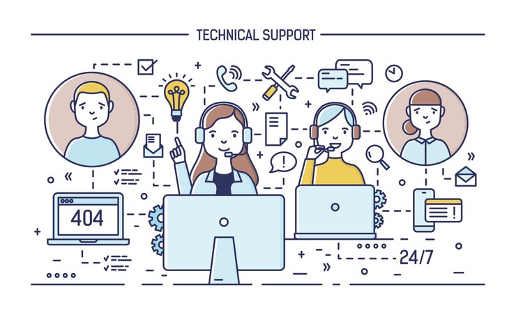 Vector consultores en línea felices con audífonos con micrófonos sentados frente a las computadoras y respondiendo preguntas de los clientes.
