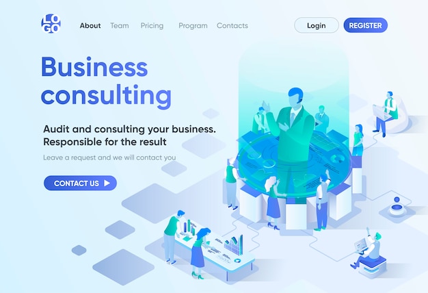 Consultoría de negocios página de inicio isométrica. Experiencia y asistencia competente, auditoría profesional. Plantilla de consulta comercial para CMS y creador de sitios web. Escena de isometría con personajes de personas.