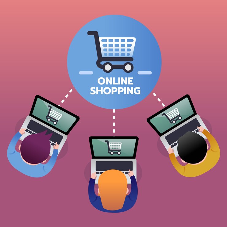 Vector los consumidores compran productos de compras en línea con computadora portátil