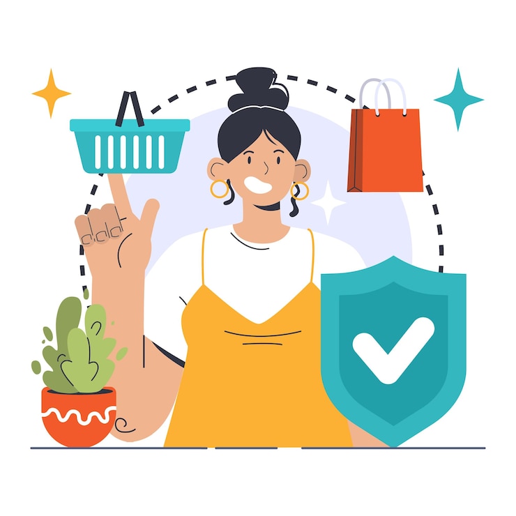 Vector el consumismo en acción mujer con alegría elige artículos de compra asegurando una terapia minorista de calidad confiable