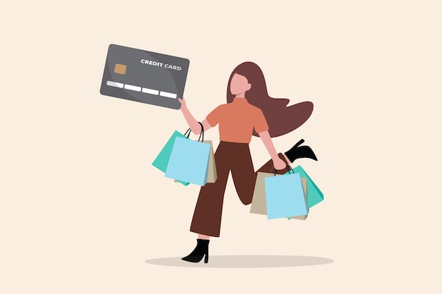 Vector el consumismo, el gasto excesivo o la adicción a las compras que causan la deuda de la tarjeta de crédito y la pobreza, la adicción a las compras gastan más que sus ingresos, una mujer joven feliz con bolsas de compras con pago con tarjeta de crédito.