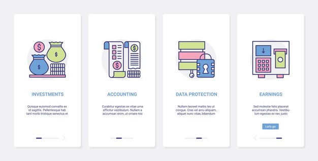 Contabilidad bancaria, inversión financiera, UX, UI onboarding mobile app page screen set