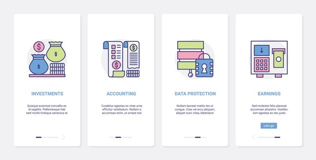 Contabilidad bancaria, inversión financiera, ux, ui onboarding mobile app page screen set