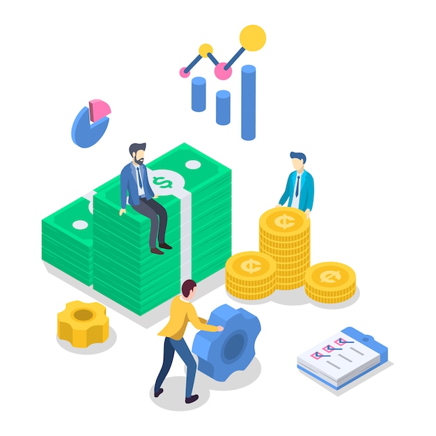 Contabilidad isométrica color ilustración vectorial. Auditoría financiera. Administración de presupuesto. Estrategia de negocios. Inversión. Bancario. Teneduría de libros. Personas contando dinero. Concepto 3d aislado en blanco