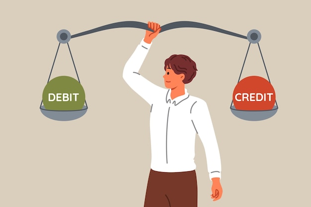 El contable compara los débitos y créditos utilizando una balanza gigante para equilibrar la empresa comercial