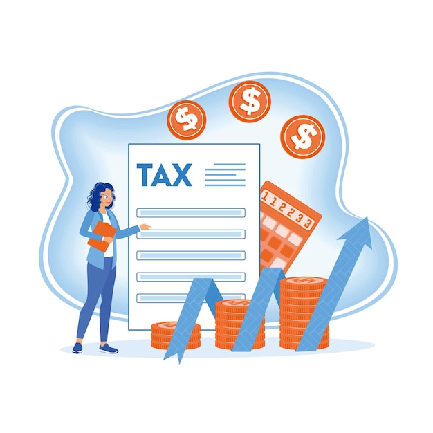 El contable completa los documentos fiscales La mujer prepara un diagrama gráfico para el informe financiero Concepto de auditoría fiscal Ilustración vectorial plana