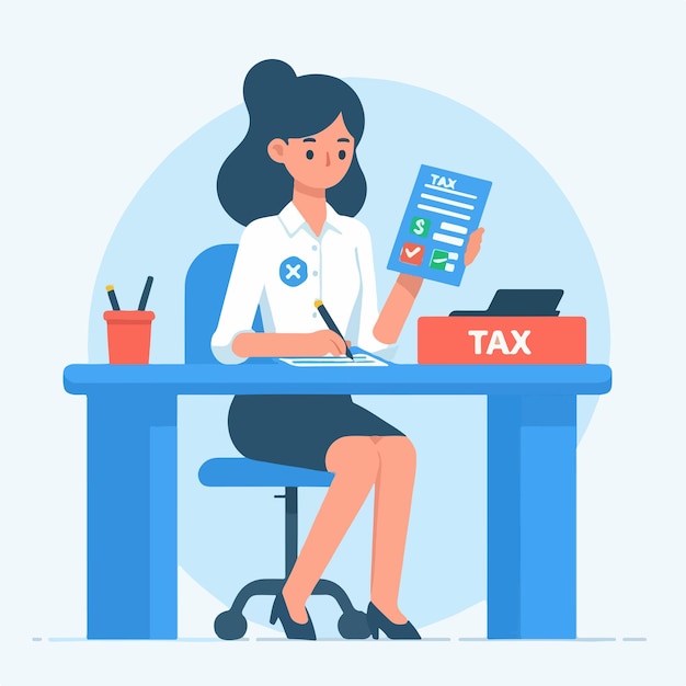 Vector contable mujer que hace informe de pago de impuestos