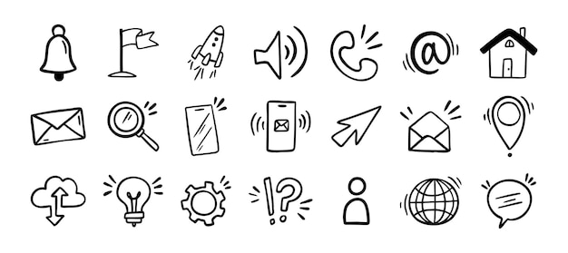 Contact doodle icono dibujado a mano signos de comunicación aislados para la ilustración vectorial de negocios