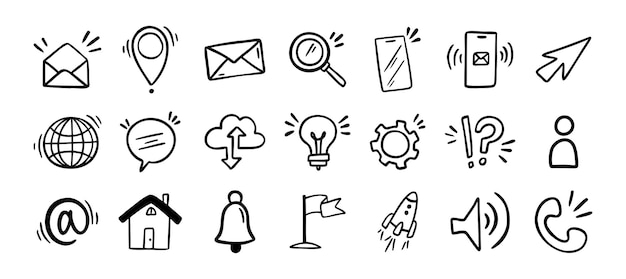 Contact doodle icono dibujado a mano signos de comunicación aislados para la ilustración vectorial de negocios