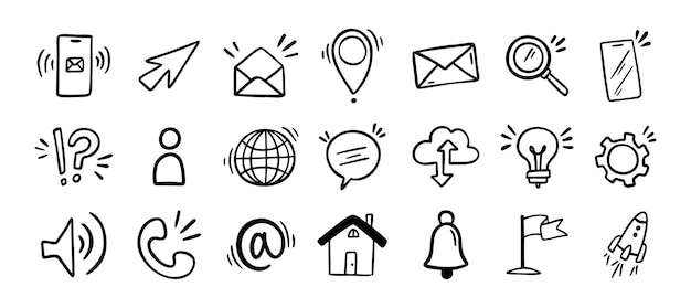 Contact doodle icono dibujado a mano signos de comunicación aislados para negocios