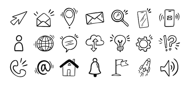 Contact doodle icono dibujado a mano signos de comunicación aislados para negocios