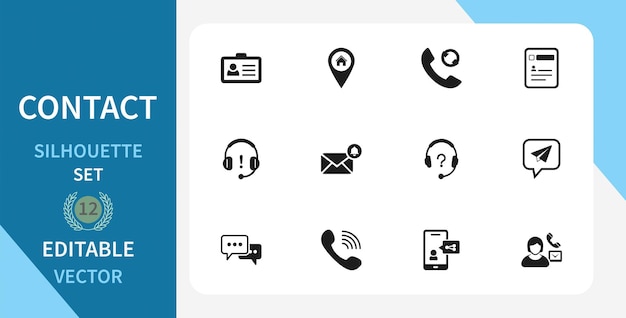 Contacte con nosotros silueta conjunto vectorial sitio web aplicación teléfono dirección de correo electrónico ubicación mensaje y más