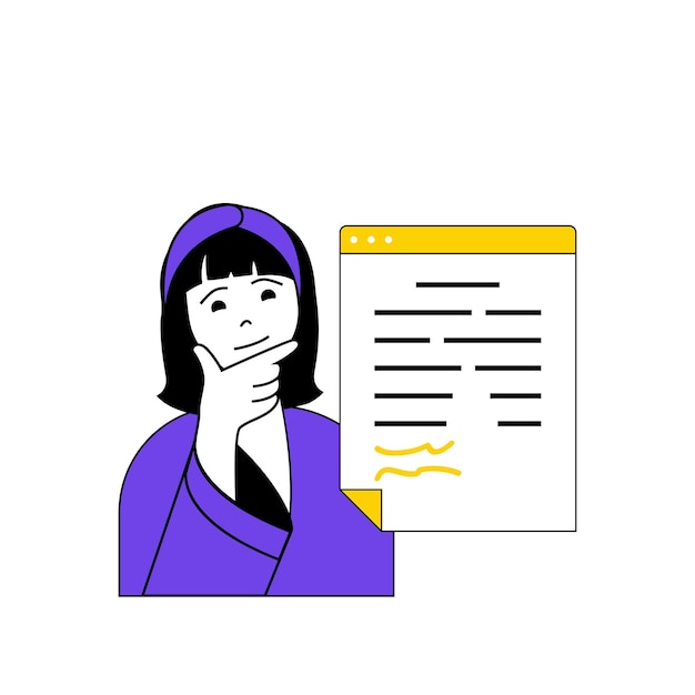Contáctenos concepto con gente de dibujos animados en diseño plano para web Mujer respondiendo carta comercial del cliente y dando información Ilustración vectorial para material de marketing de banner de redes sociales