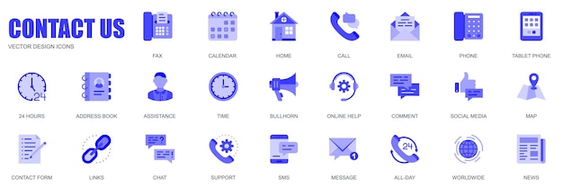 Contáctenos concepto de iconos web establecidos en un diseño plano simple Paquete de fax calendario llamada a casa correo electrónico teléfono 24 horas soporte de libreta de direcciones megáfono y otros pictogramas Vector azul para aplicación móvil