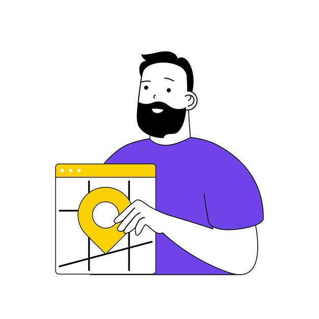 Contáctenos concepto con personas de dibujos animados en diseño plano para web Hombre conectándose con el cliente y obteniendo la ubicación de la dirección en el mapa en línea Ilustración vectorial para material de marketing de banner en redes sociales