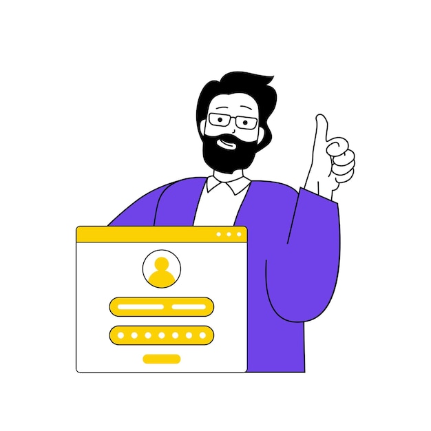 Contáctenos concepto con personas de dibujos animados en diseño plano para web Hombre haciendo registro en línea para obtener información y soporte Ilustración vectorial para material de marketing de banner en redes sociales