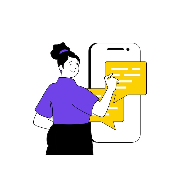 Contáctenos concepto con personas de dibujos animados en diseño plano para web Mujer comunicándose con el cliente en burbujas de diálogo de chat en la aplicación móvil Ilustración vectorial para material de marketing de banner en redes sociales
