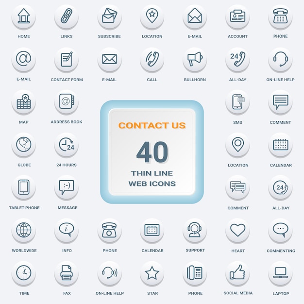 Contáctenos Conjunto de iconos web de línea delgada plana redonda blanca aislados en un conjunto de iconos de fondo