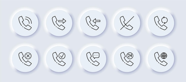 Contáctenos establecer icono Llamada de teléfono fijo marcar saliente entrante tachado flecha cruz tick mensaje consulta alrededor del reloj planeta Concepto de negocio Neomorfismo Vector icono de línea