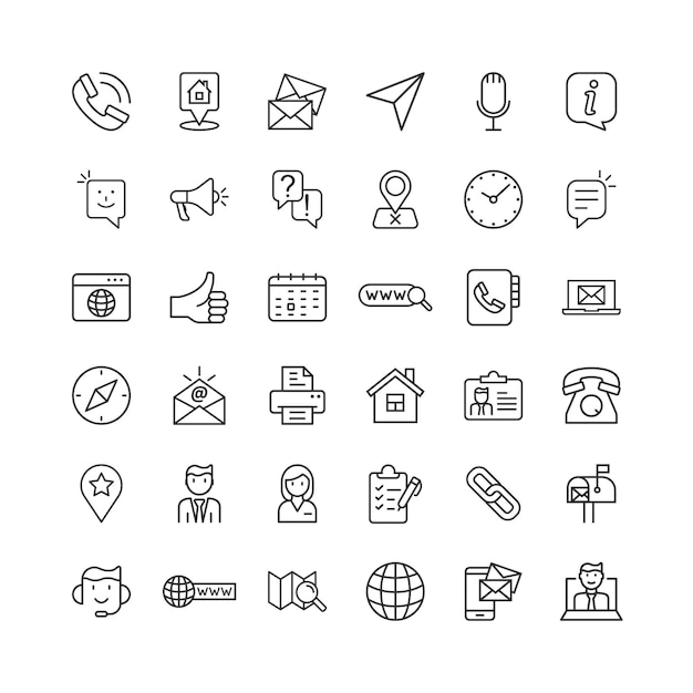 Contáctenos icono de línea delgada establecido en estilo plano Ilustración de vector de comunicación móvil sobre fondo blanco aislado Concepto de negocio de llamada de teléfono
