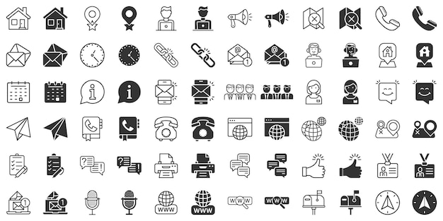 Contáctenos icono de línea delgada establecido en estilo plano Ilustración de vector de comunicación móvil sobre fondo blanco aislado Concepto de negocio de llamada de teléfono