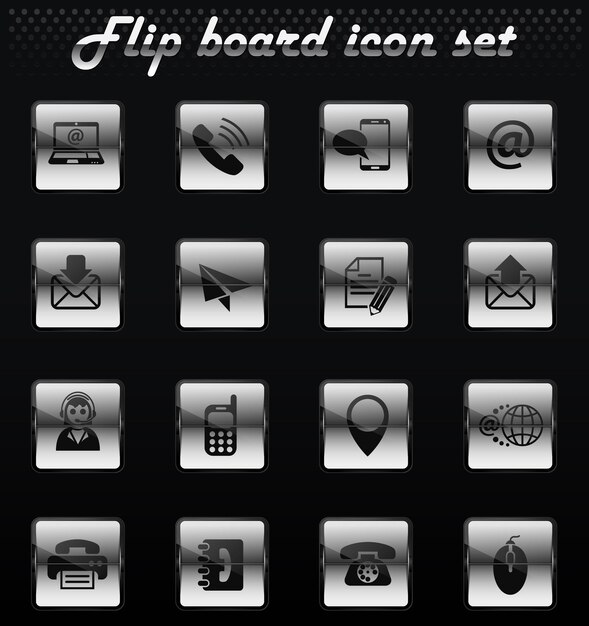 Contáctenos iconos mecánicos flip vectoriales para el diseño de la interfaz de usuario