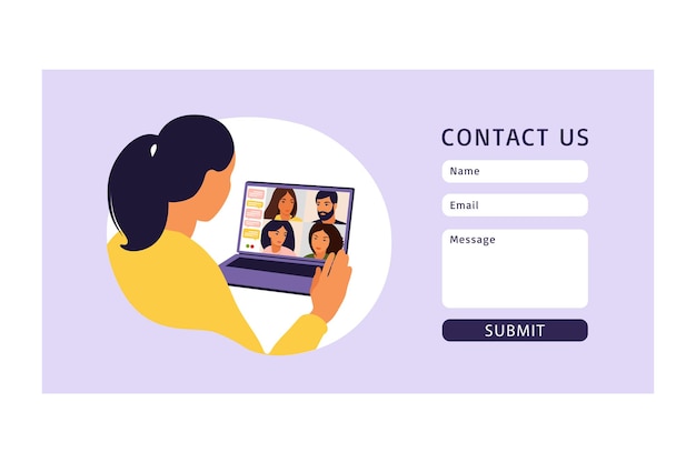 Contáctenos plantilla de formulario para web. mujer con computadora para reuniones virtuales colectivas y videoconferencia grupal. trabajo remoto, concepto de tecnología. ilustración. vector.