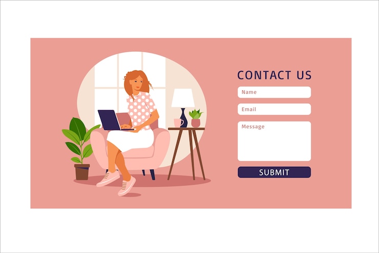 Vector contáctenos plantilla de formulario para web y página de destino. clienta hablando con el cliente. atención al cliente en línea, concepto de mesa de ayuda y centro de llamadas.