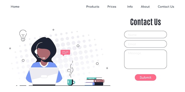 Contáctenos Plantilla de formulario para web y página de destino. Mujer negra con auriculares y micrófono con laptop.