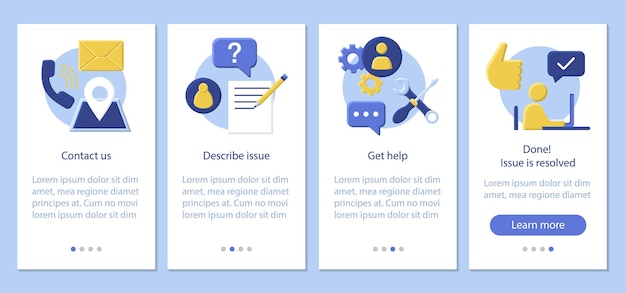 Contáctenos plantilla de vector de pantalla de página de aplicación móvil. Describa el problema, obtenga ayuda. Servicio de atención al cliente. Mesa de ayuda. Instrucciones del sitio web de diseño plano. UX, UI, concepto de dibujos animados de interfaz de teléfono inteligente GUI