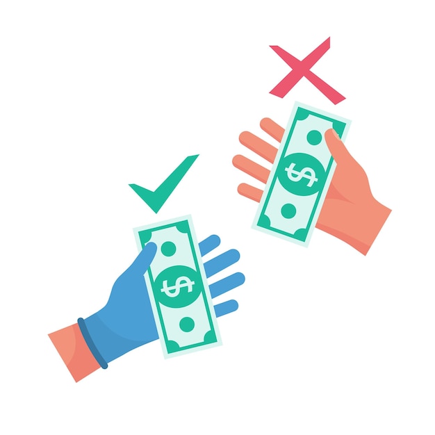 Contacto de seguridad con el dinero Dinero en guantes Uso higiénico de guantes para trabajar Vector
