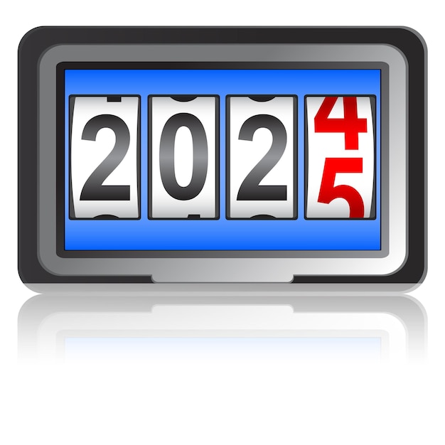 Contador digital moderno con el número del nuevo año 2025 en un fondo blanco
