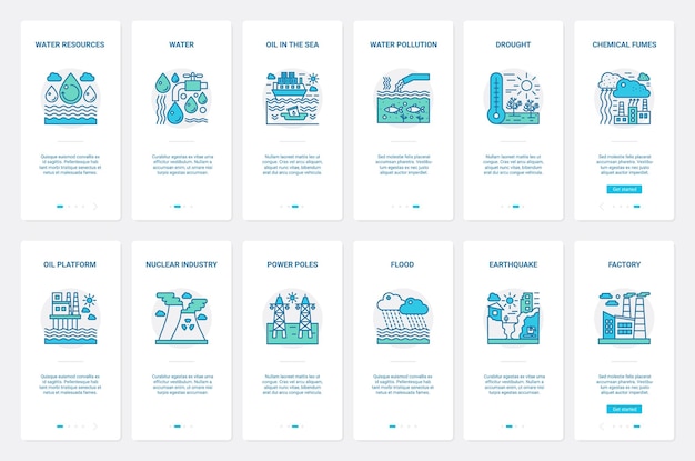 Contaminación del agua, el aire y los recursos naturales UX UI onboarding página de pantalla de la aplicación móvil
