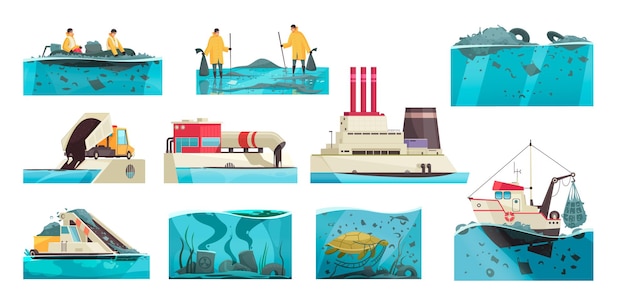 Contaminación del agua natural conjunto de íconos aislados con paisajes submarinos planos y aparatos de recolección de desechos trabajadores ilustración vectorial