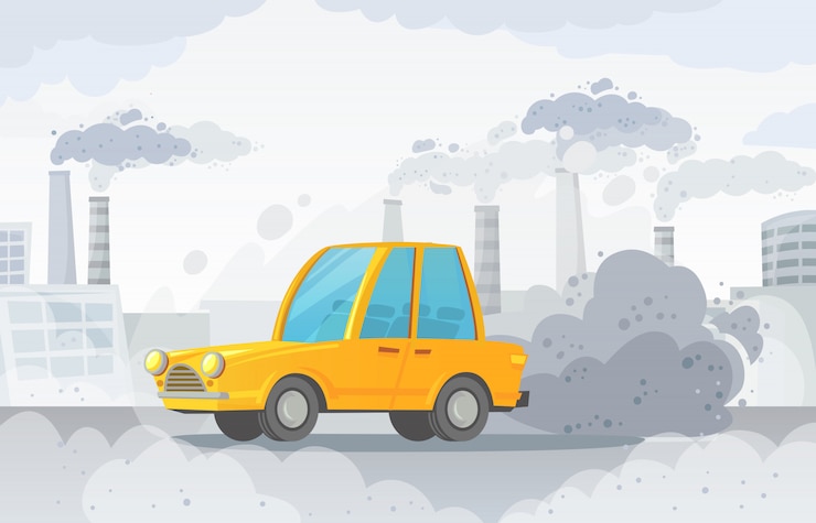 Vector contaminación del aire del automóvil. ciudad carretera smog, fábricas de humo y nubes de dióxido de carbono industrial ilustración vectorial
